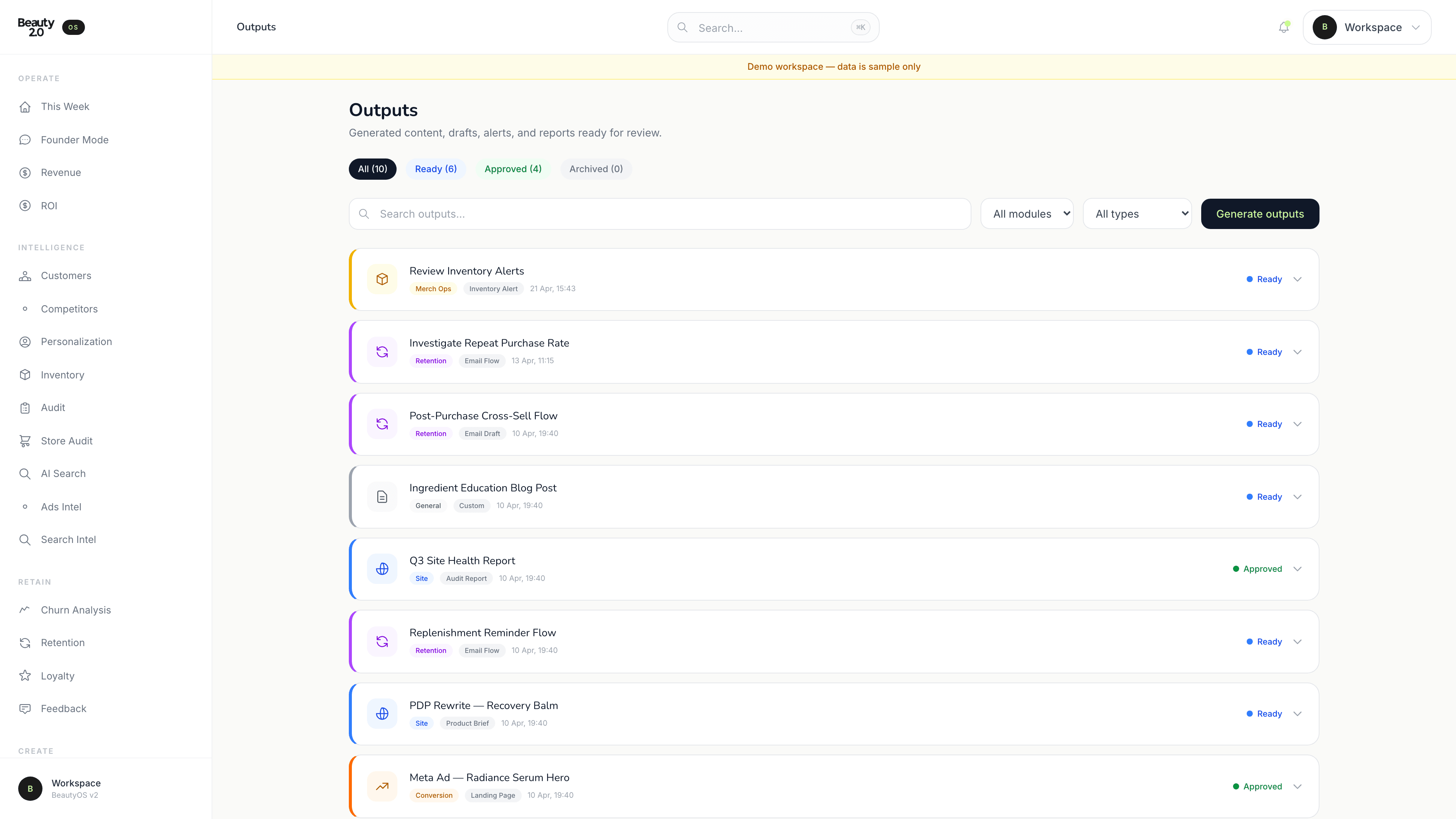 BeautyOS Outputs library showing every generated deliverable and its review state.