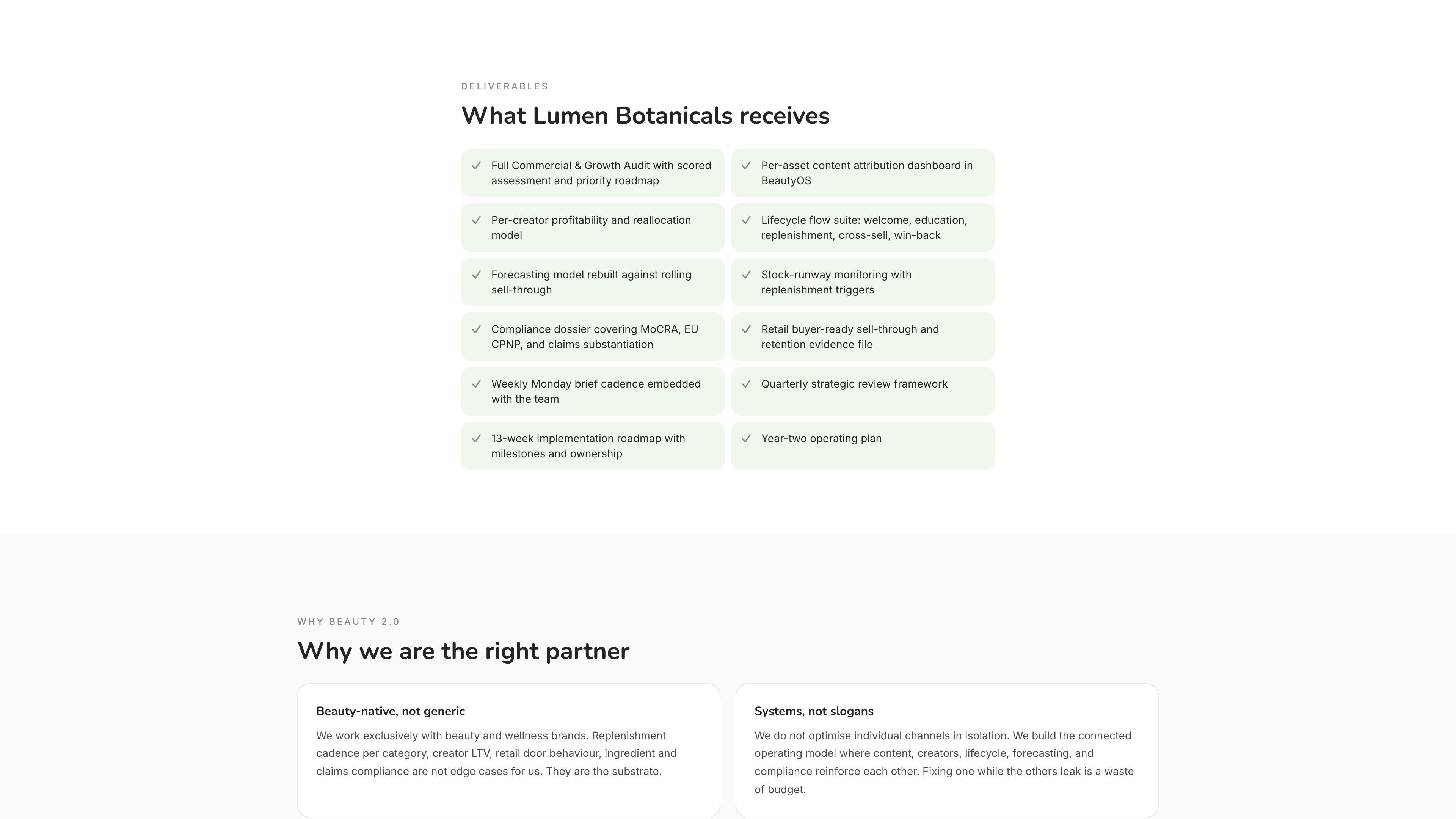 Sample deliverables section listing the 12 concrete artefacts every audit ships with.